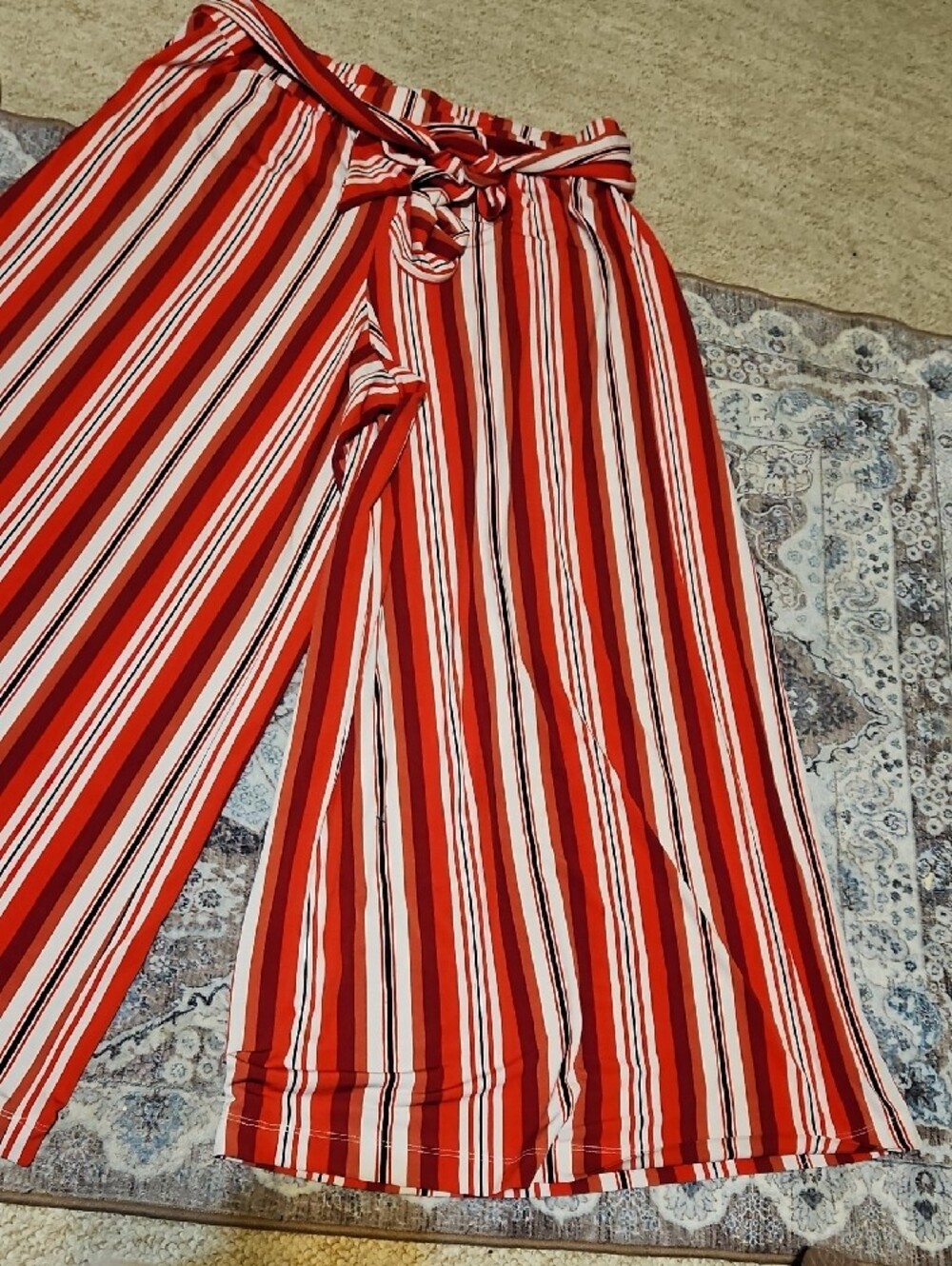 Lane Bryant Red and White Striped Wide-Leg Tie Waist Pants - Picture 3 of 7